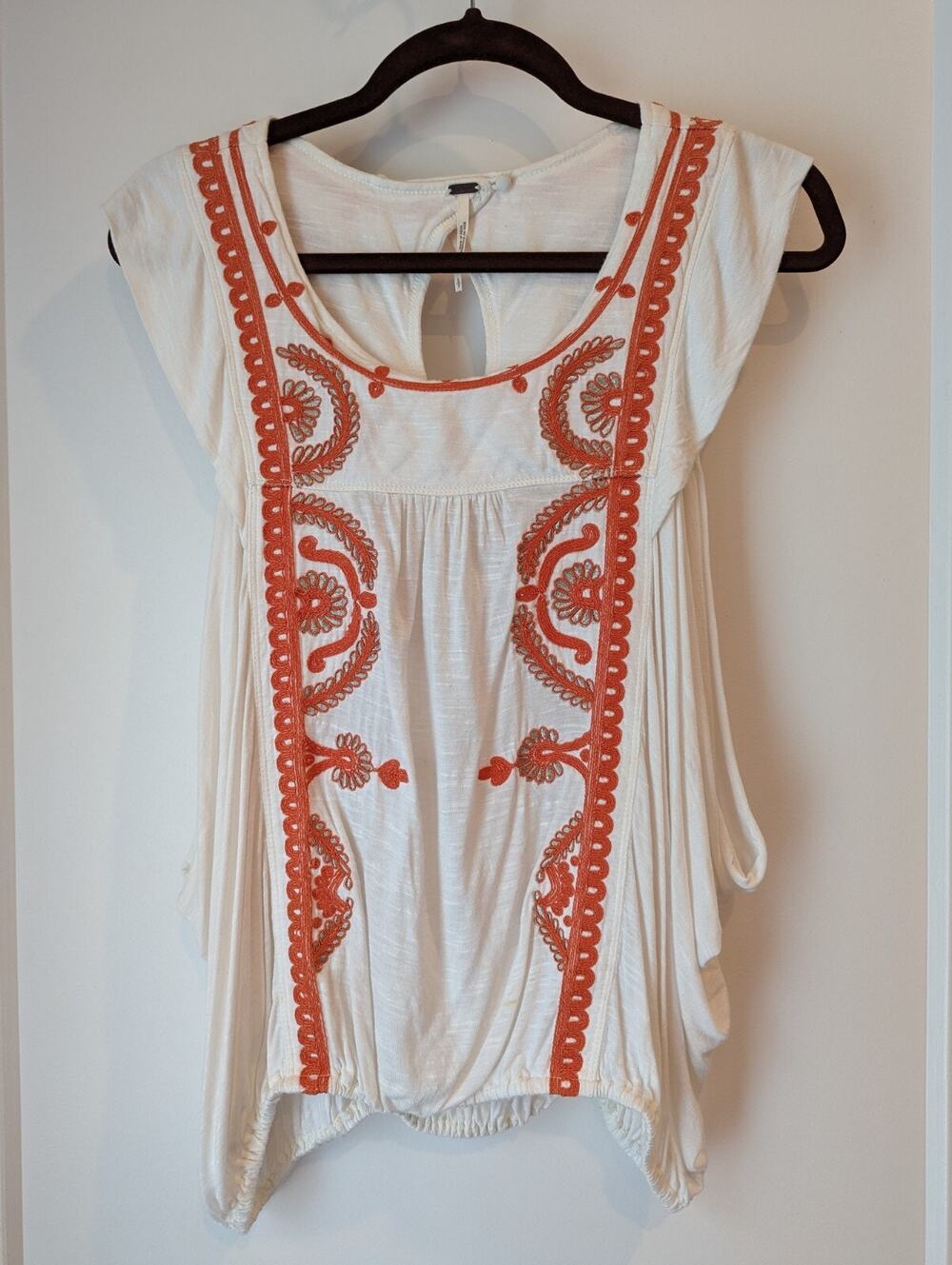 Free People S/P Knit Top Blouse Orange Silver Metallic Embroidery Bohemian